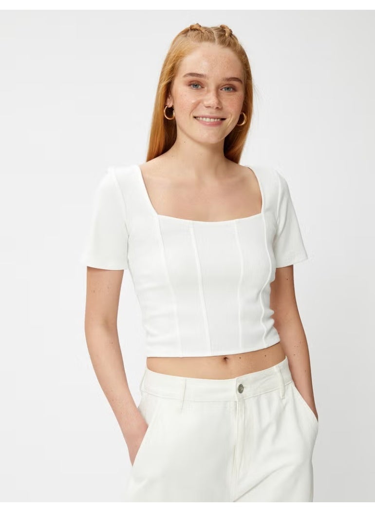KOTON Crop T-Shirt Corset Detailed Square Neck - Image 3