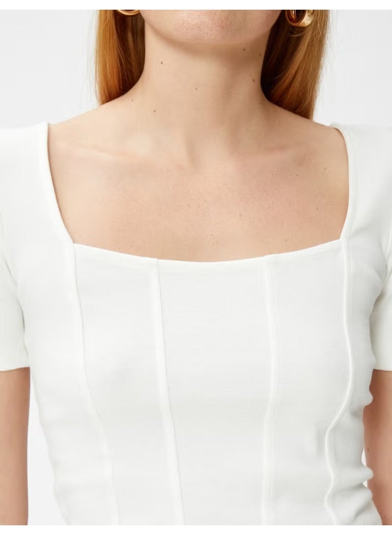 KOTON Crop T-Shirt Corset Detailed Square Neck - Image 5