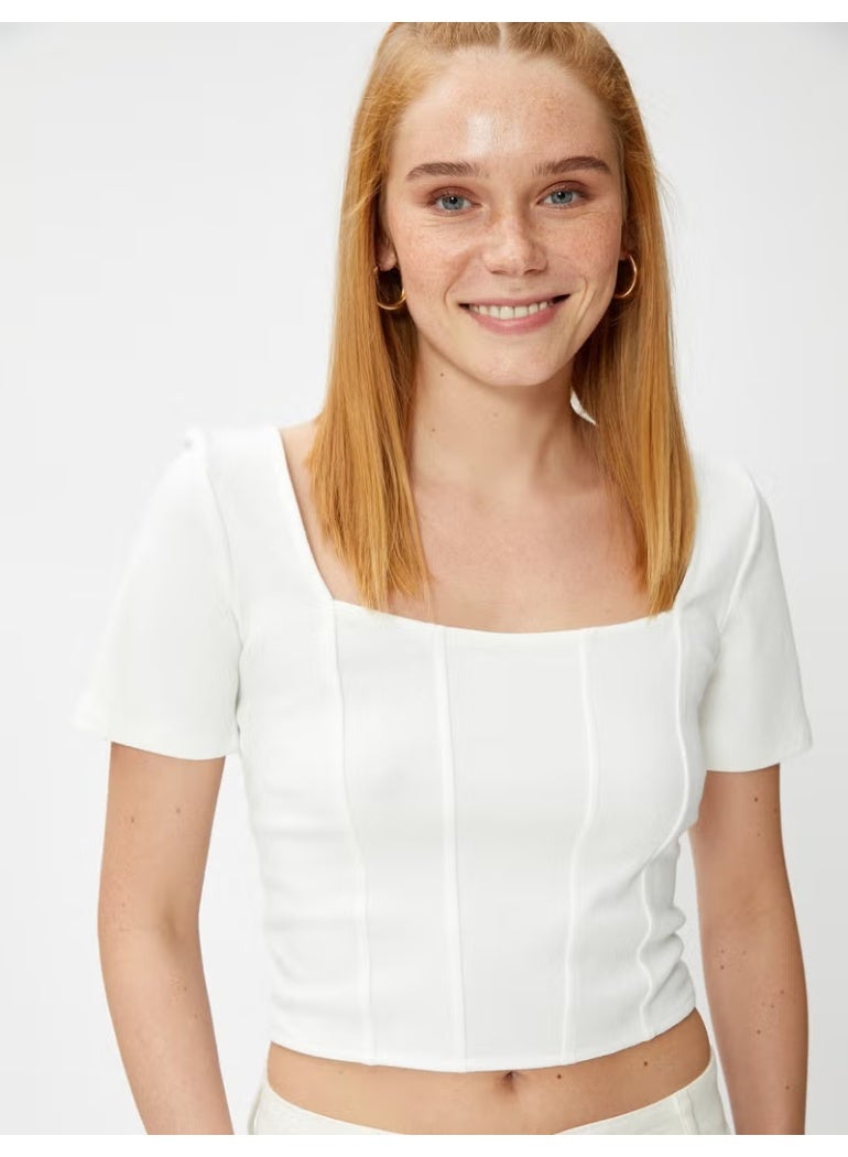 KOTON Crop T-Shirt Corset Detailed Square Neck - Image 1