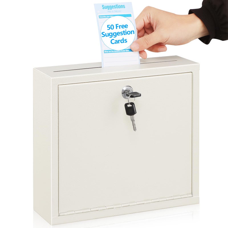 KYODOLED Suggestion Box with Lock and Slot, Wall Mounted Small Mailbox for Office, Key Drop Box with 50 Free Suggestion Cards, Safe Lock Box, Ballot Box, Donation Box, 3W x 10H x 12L Inch White - Image 1