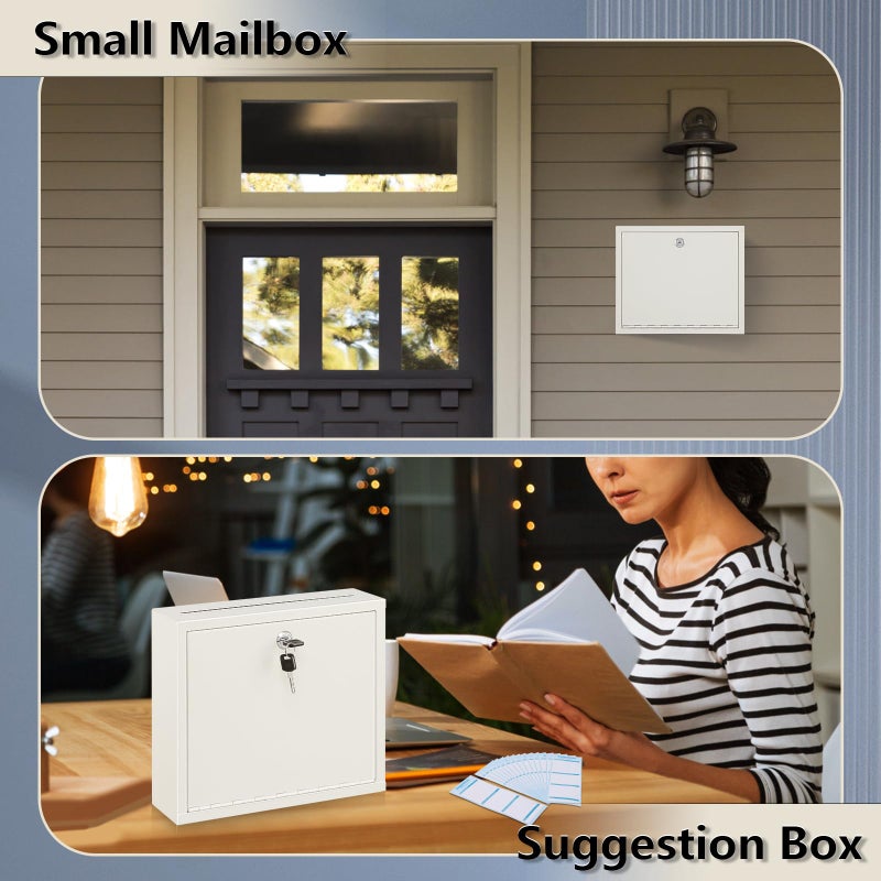 KYODOLED Suggestion Box with Lock and Slot, Wall Mounted Small Mailbox for Office, Key Drop Box with 50 Free Suggestion Cards, Safe Lock Box, Ballot Box, Donation Box, 3W x 10H x 12L Inch White - Image 4
