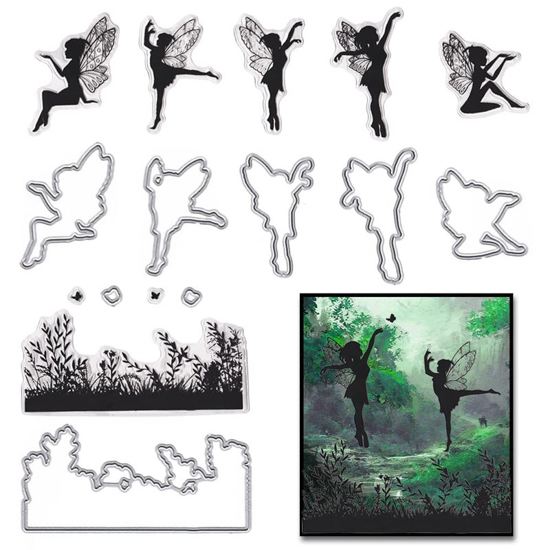 Hying Hying Spring Fairy Background Stamps and Dies for Card Making Grass Dancing Fairy Cutting Die and Clear Stamps for Bullet Journal DIY Scrapbook Decoration Handmade Crafts Notebook 