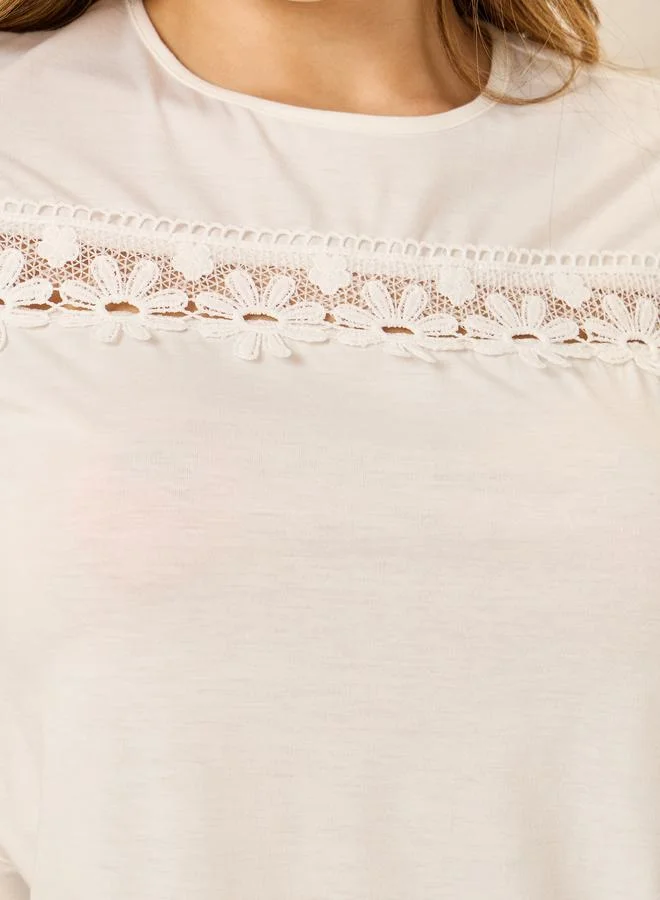 ستايلي Lace Inset Regular Fit Round Neck T-Shirt