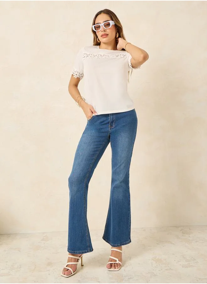 ستايلي Lace Inset Regular Fit Round Neck T-Shirt