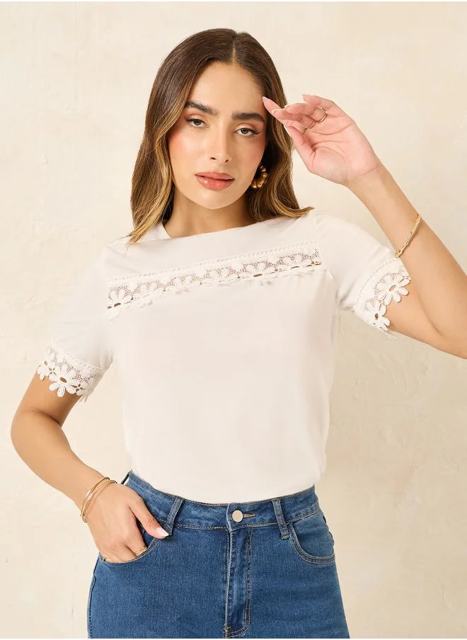 ستايلي Lace Inset Regular Fit Round Neck T-Shirt