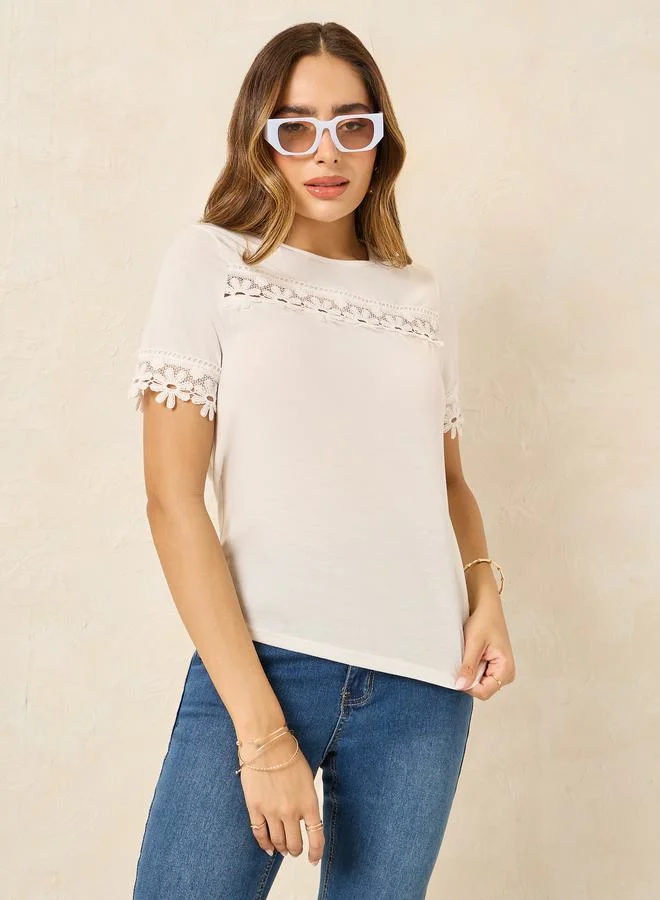 ستايلي Lace Inset Regular Fit Round Neck T-Shirt