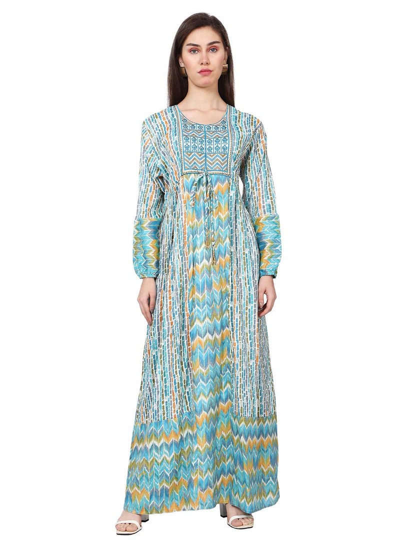 HANA & SARA - MULTICOLOUR PRINTED LONG VISCOSE THREAD EMBROIDERY ARABIC KAFTAN JALABIYA DRESS - Image 1
