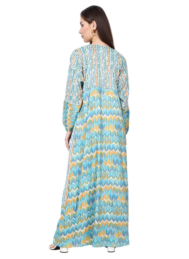 HANA & SARA - MULTICOLOUR PRINTED LONG VISCOSE THREAD EMBROIDERY ARABIC KAFTAN JALABIYA DRESS - Image 1