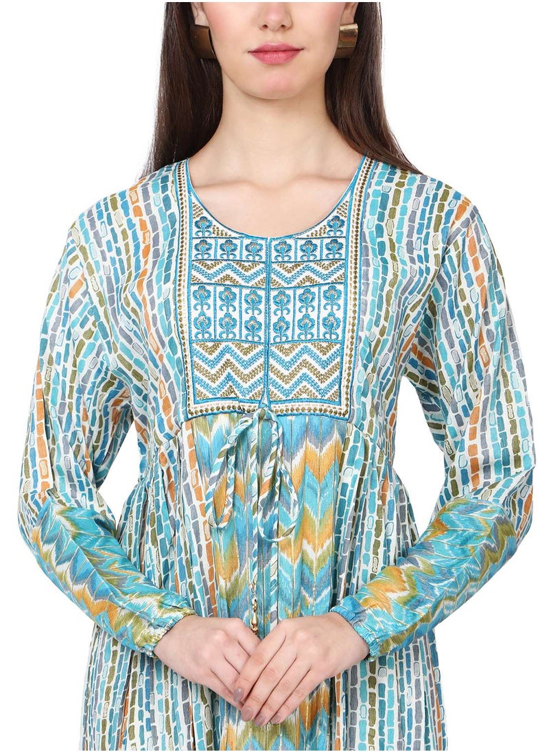 HANA & SARA - MULTICOLOUR PRINTED LONG VISCOSE THREAD EMBROIDERY ARABIC KAFTAN JALABIYA DRESS - Image 1