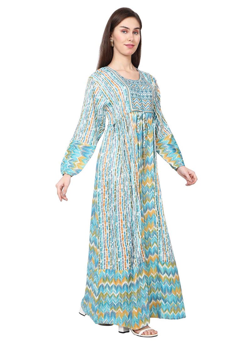HANA & SARA - MULTICOLOUR PRINTED LONG VISCOSE THREAD EMBROIDERY ARABIC KAFTAN JALABIYA DRESS - Image 1