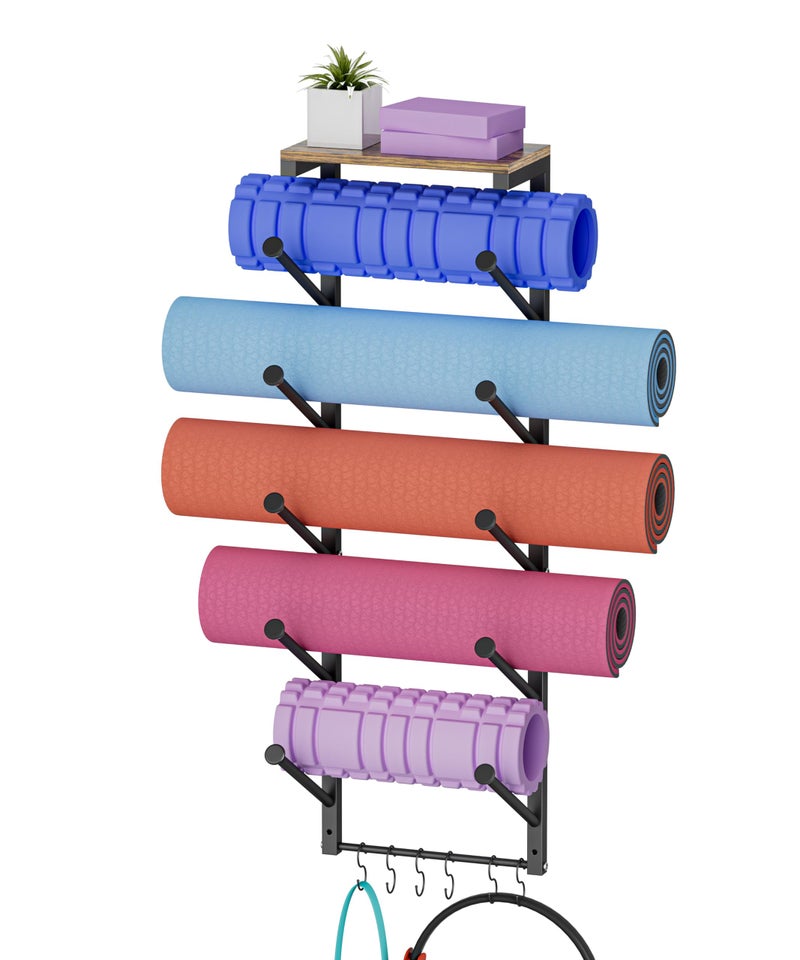 WAALIJI 5 Tiers Yoga Mat Holder Rack Wall Mount with 6 Hooks for Hanging Accessory Yoga Strap Foam Rollers Resistance Bands, Yoga Mats Organizer with Floating Shelf for Home Gym Storage Fitness, Black - Image 1