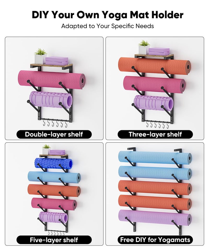 WAALIJI 5 Tiers Yoga Mat Holder Rack Wall Mount with 6 Hooks for Hanging Accessory Yoga Strap Foam Rollers Resistance Bands, Yoga Mats Organizer with Floating Shelf for Home Gym Storage Fitness, Black - Image 3