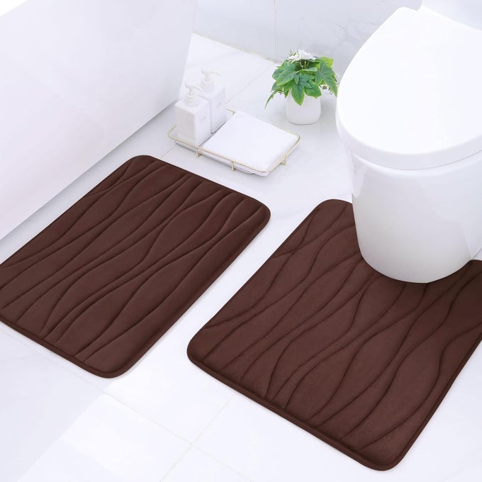 MEMORY FOAM 2 PIECES BATH RUGS SET - SOFT NON-SLIP THICK BATH MAT AND CONTOUR TOILET RUG, ABSORBENT WASHABLE BATHROOM RUGS AND MATS SET (24" X 16" + 24" X 20", BROWN)