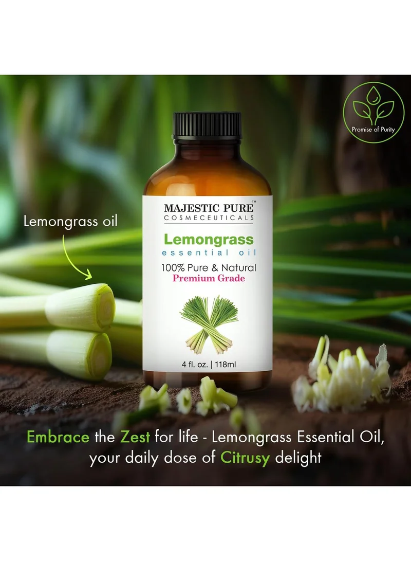 Majestic Pure Citrus Lemongrass Essential Oil | 118 ml | 100% Pure and Natural Lemongrass Oil | Premium Grade Essential Oils for Hair Care, Home Diffusers, Skin, Aromatherapy, Massage and Humidifiers  | Best Price UAE