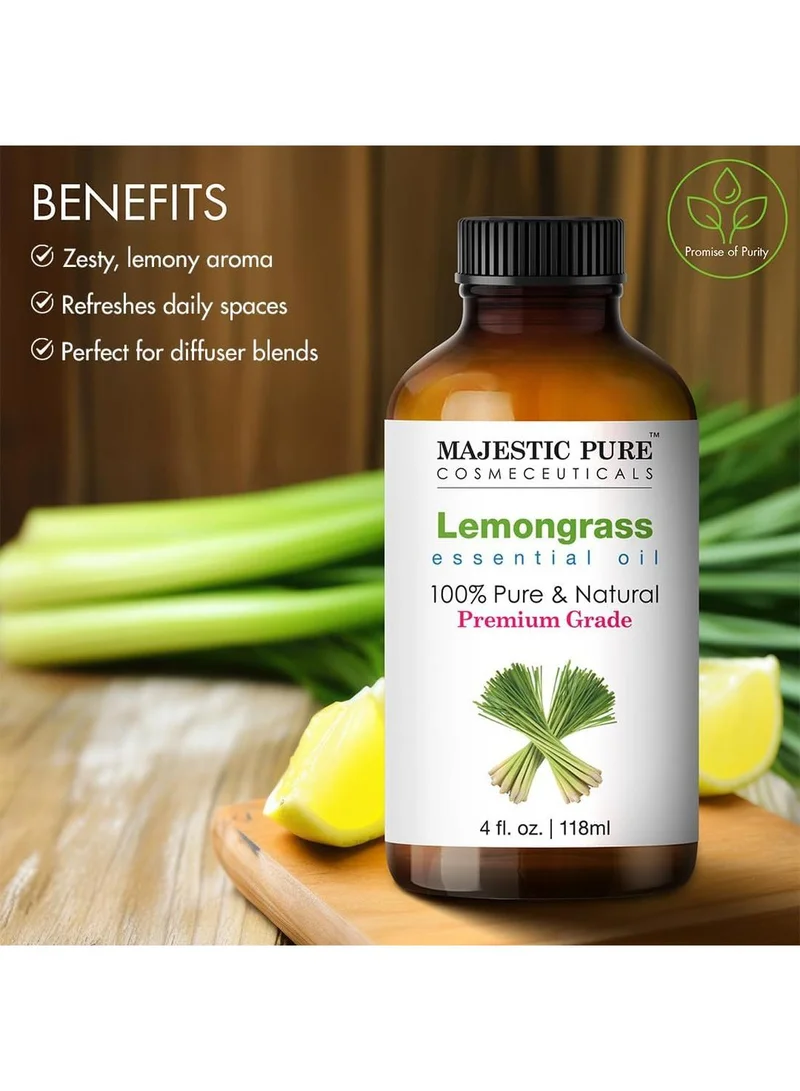 Majestic Pure Citrus Lemongrass Essential Oil | 118 ml | 100% Pure and Natural Lemongrass Oil | Premium Grade Essential Oils for Hair Care, Home Diffusers, Skin, Aromatherapy, Massage and Humidifiers  | Best Price UAE