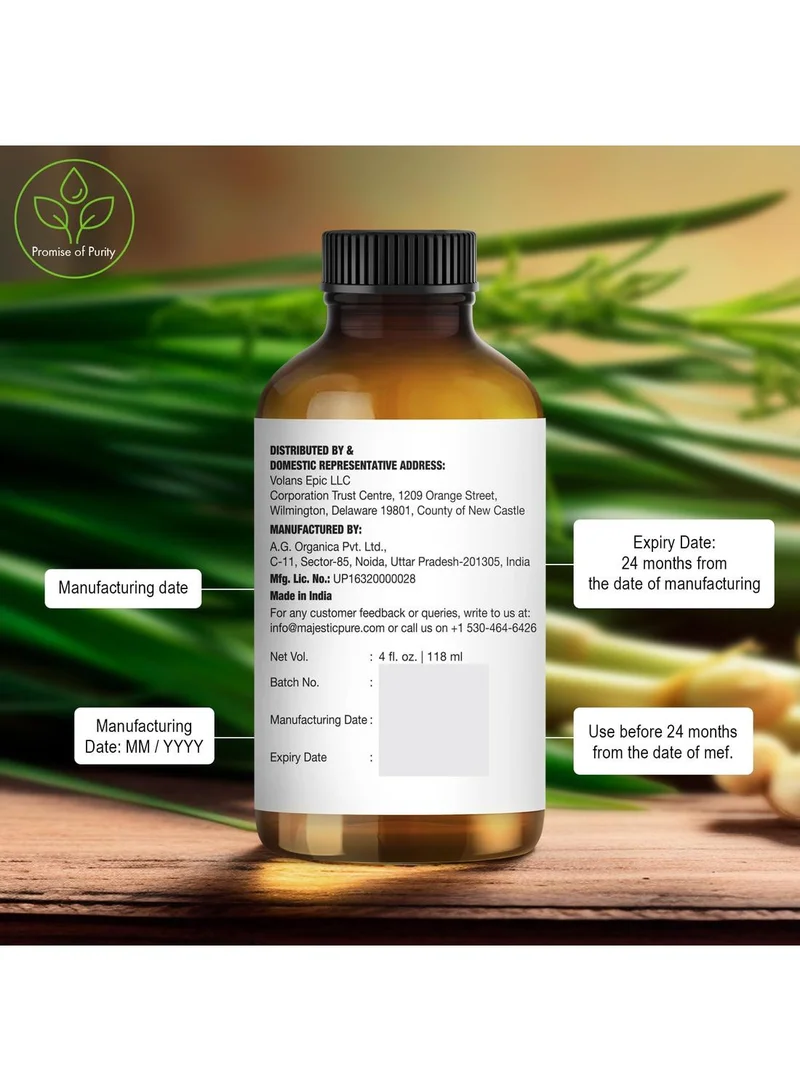Majestic Pure Citrus Lemongrass Essential Oil | 118 ml | 100% Pure and Natural Lemongrass Oil | Premium Grade Essential Oils for Hair Care, Home Diffusers, Skin, Aromatherapy, Massage and Humidifiers  | Best Price UAE