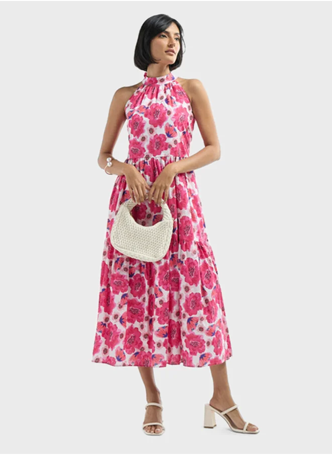 فاف Halter Neck Floral Print Tiered Dress