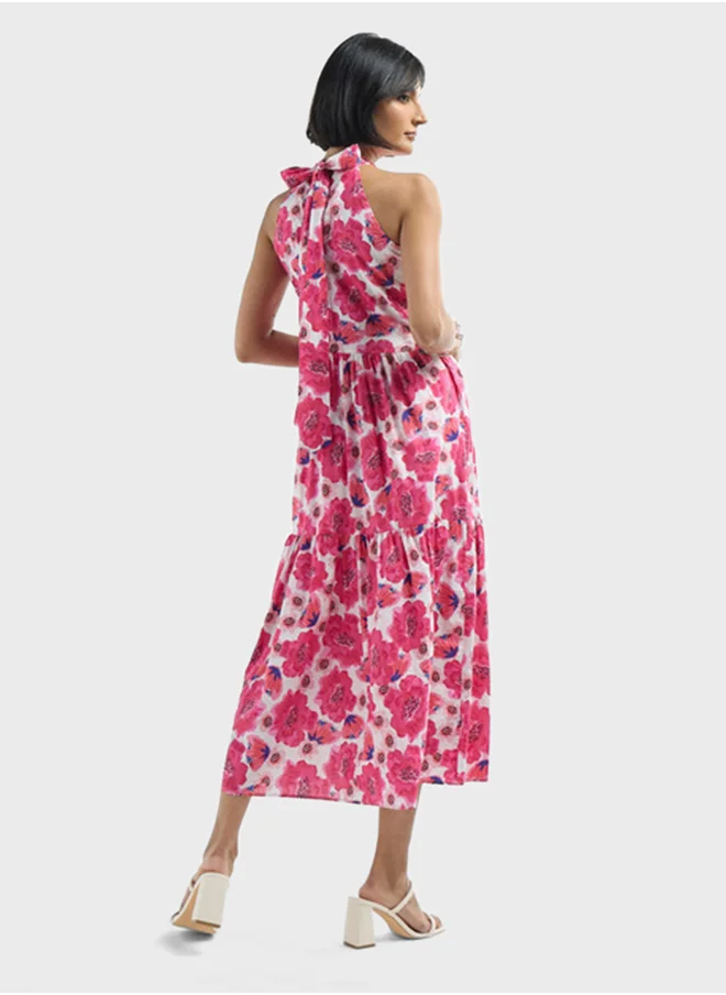 FAV Halter Neck Floral Print Tiered Dress