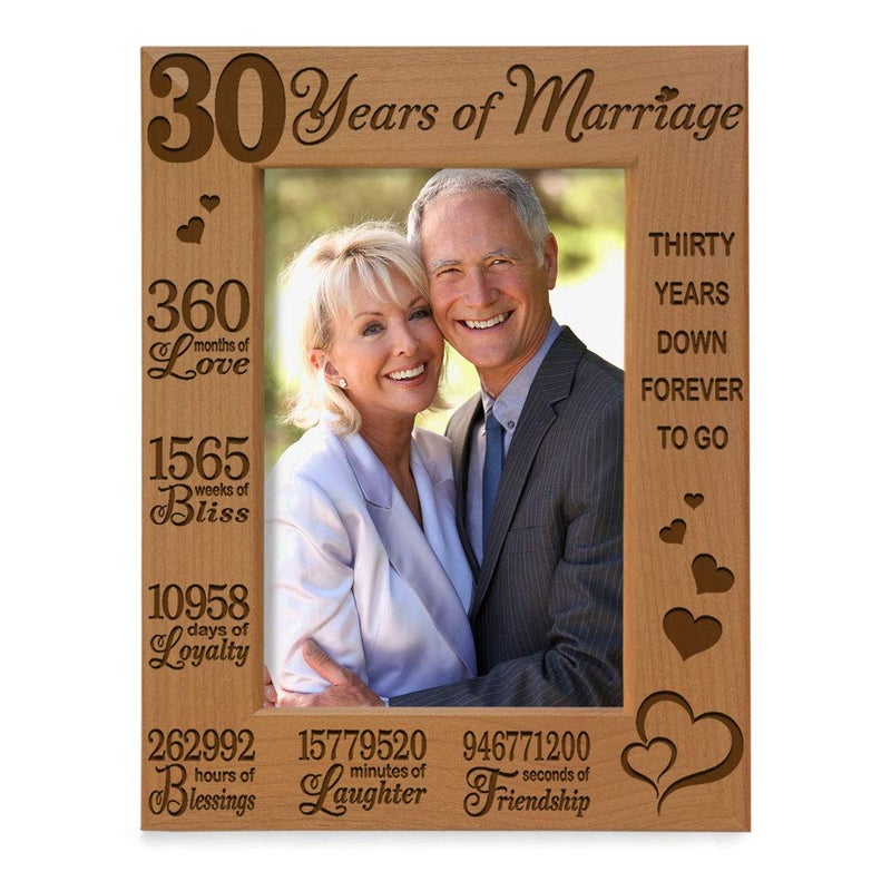 KATE POSH 30 Years of Marriage Engraved Natural Wood Picture Frame 30th Anniversary Husband and Wife 30 Years Down Forever to Go 4x6Vertical