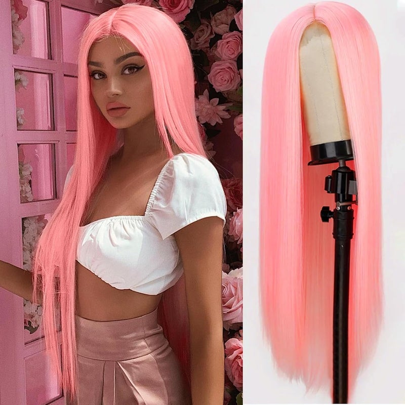 Xinran Pink Long Straight Wig Light Pink Middle Part Synthetic Hair Wig Natural Hairline Replacement Daily Use Cosplay Pink
