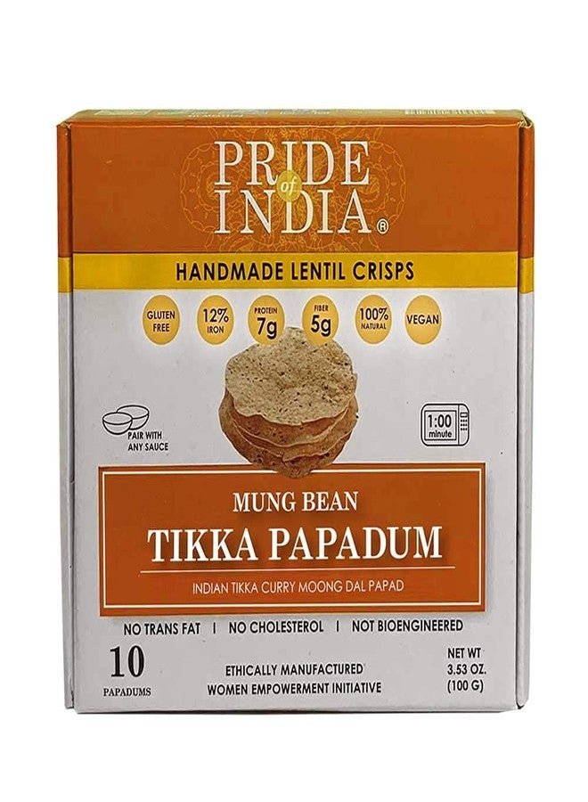 Pride Of India - Tikka Curry Mung Bean Papadum Lentil Crisp, Pack of 6-10 count (3.53oz - 100gm) - Instant Microwaveable Vegan Healthy Crackers | Tastes like Indian Curry Sauce | Mild Spice Level - Image 1