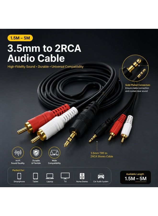HMC 3.5mm Audio AUX To 2 RCA 59.06 Inch Male Stereo AV Adapter Cable Headphone Speaker Amplifier Plug Wire - Image 1