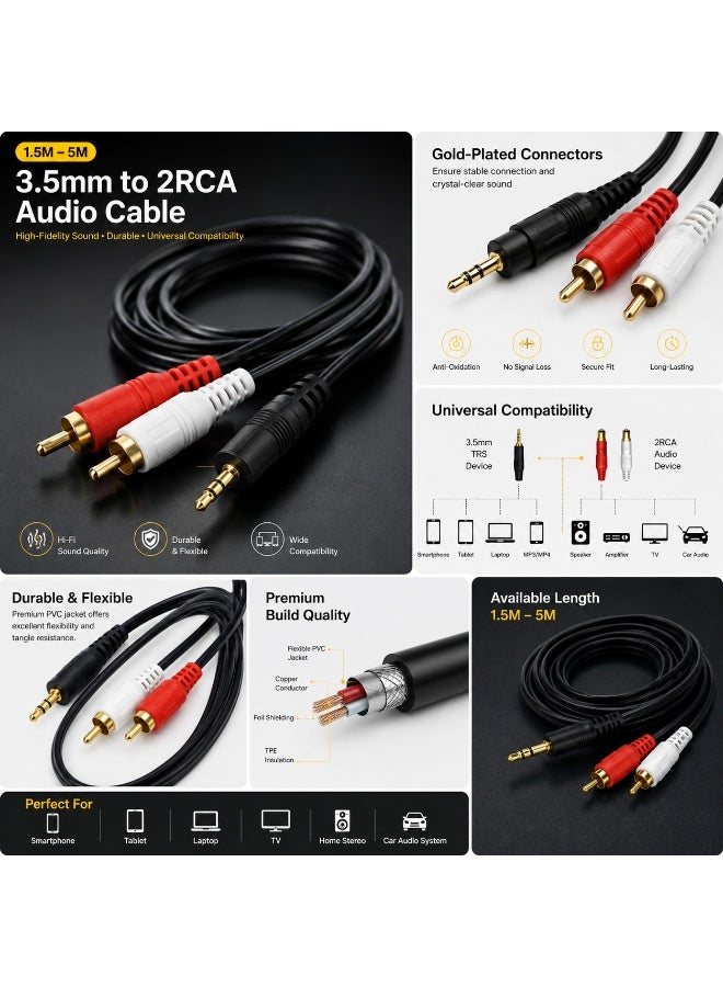 HMC 3.5mm Audio AUX To 2 RCA 59.06 Inch Male Stereo AV Adapter Cable Headphone Speaker Amplifier Plug Wire - Image 2