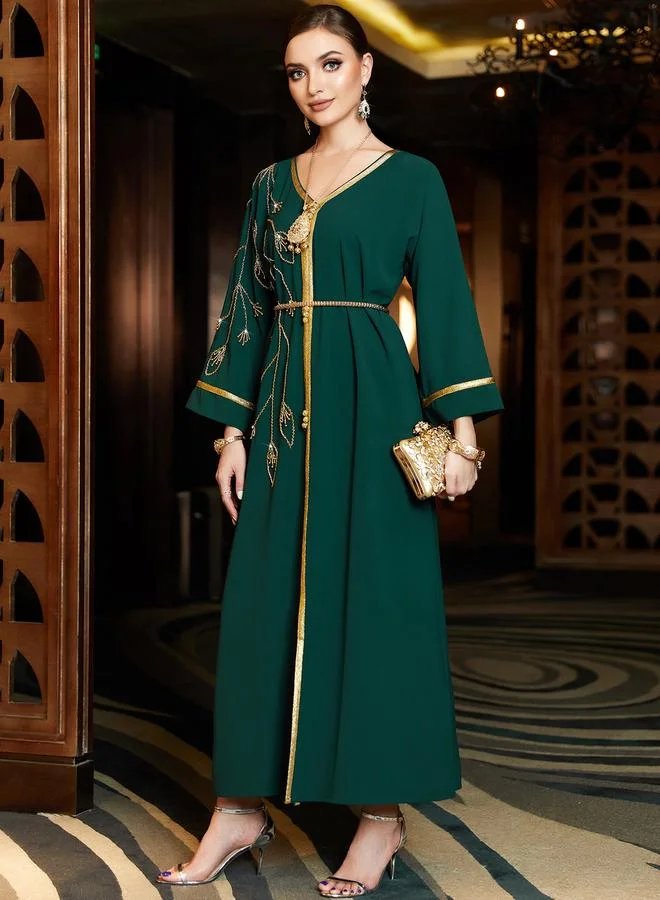 Take Two Women Dark Green Gold Trim Embellished Jalabiya