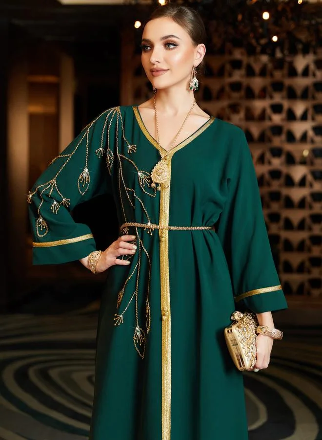 Take Two Women Dark Green Gold Trim Embellished Jalabiya