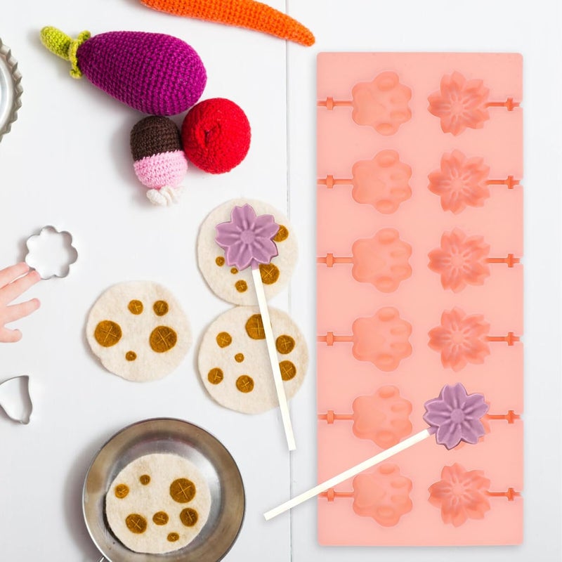 Silicone Baking Mold for Lollipop and Candy Making, Non-stick Dessert Mold with Cover, 12-cavity Cherry Blossom and Cat Paw Design, DIY Candy and Chocolate Baking Supplies - Image 4