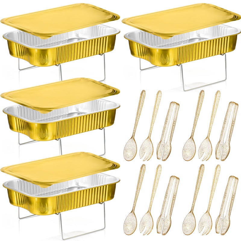 Maxcheck Disposable Chafing Dishes Buffet Set Chafer Wire Racks Buffet Stand Kit Dish Serving Trays Food Warmer Catering Supplies Included Serving Utensils and Stand4 SetsSmall