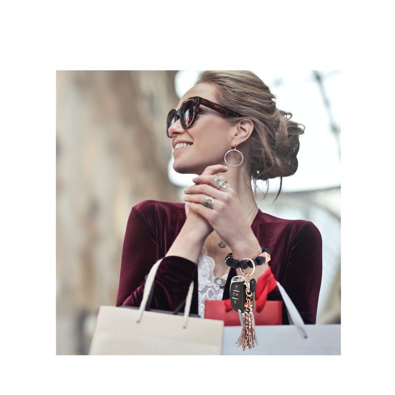 SOLARAE Silicone Key Ring, Key Ring Bracelet Wristlet Keychain Silicone Beaded Bangle Chains for Women with Leather Tassel - Image 3