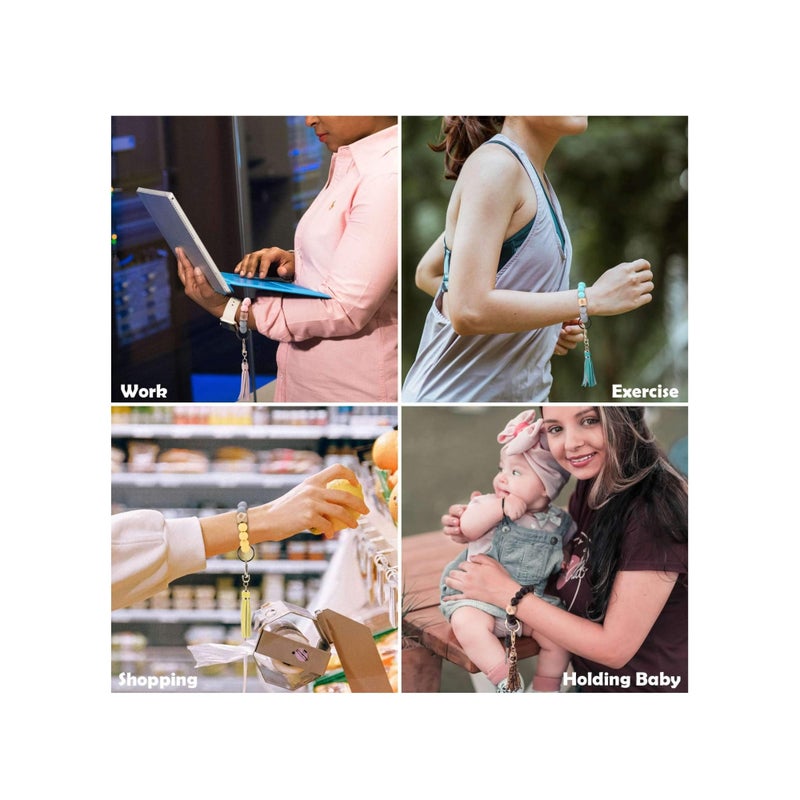 SOLARAE Silicone Key Ring, Key Ring Bracelet Wristlet Keychain Silicone Beaded Bangle Chains for Women with Leather Tassel - Image 4