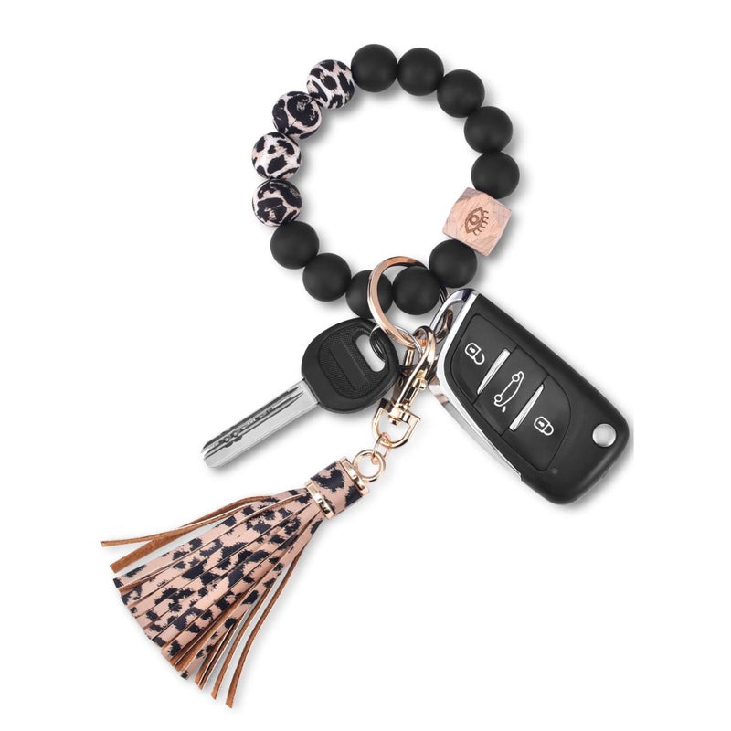 SOLARAE Silicone Key Ring, Key Ring Bracelet Wristlet Keychain Silicone Beaded Bangle Chains for Women with Leather Tassel - Image 1