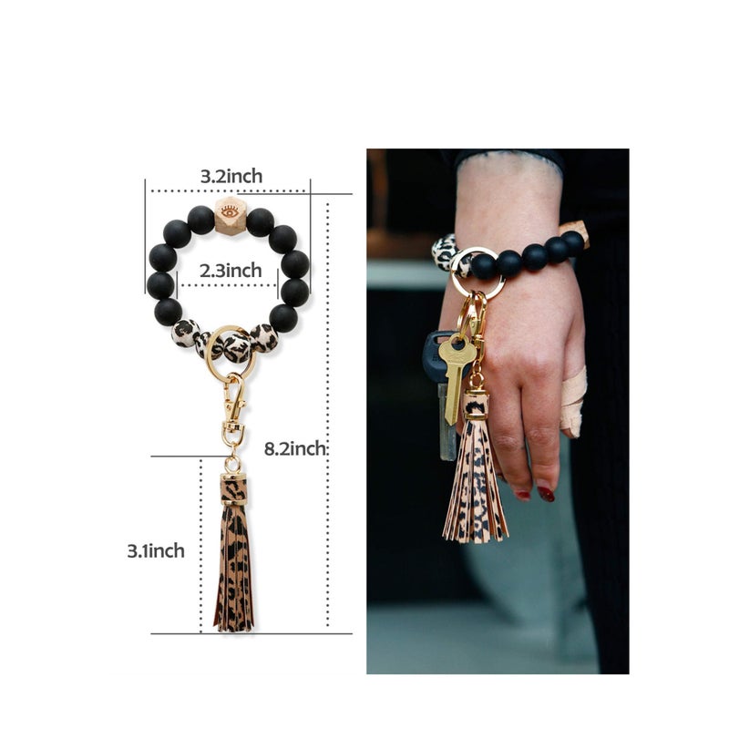 SOLARAE Silicone Key Ring, Key Ring Bracelet Wristlet Keychain Silicone Beaded Bangle Chains for Women with Leather Tassel - Image 2