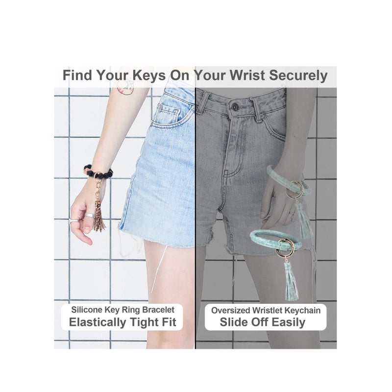 SOLARAE Silicone Key Ring, Key Ring Bracelet Wristlet Keychain Silicone Beaded Bangle Chains for Women with Leather Tassel - Image 5