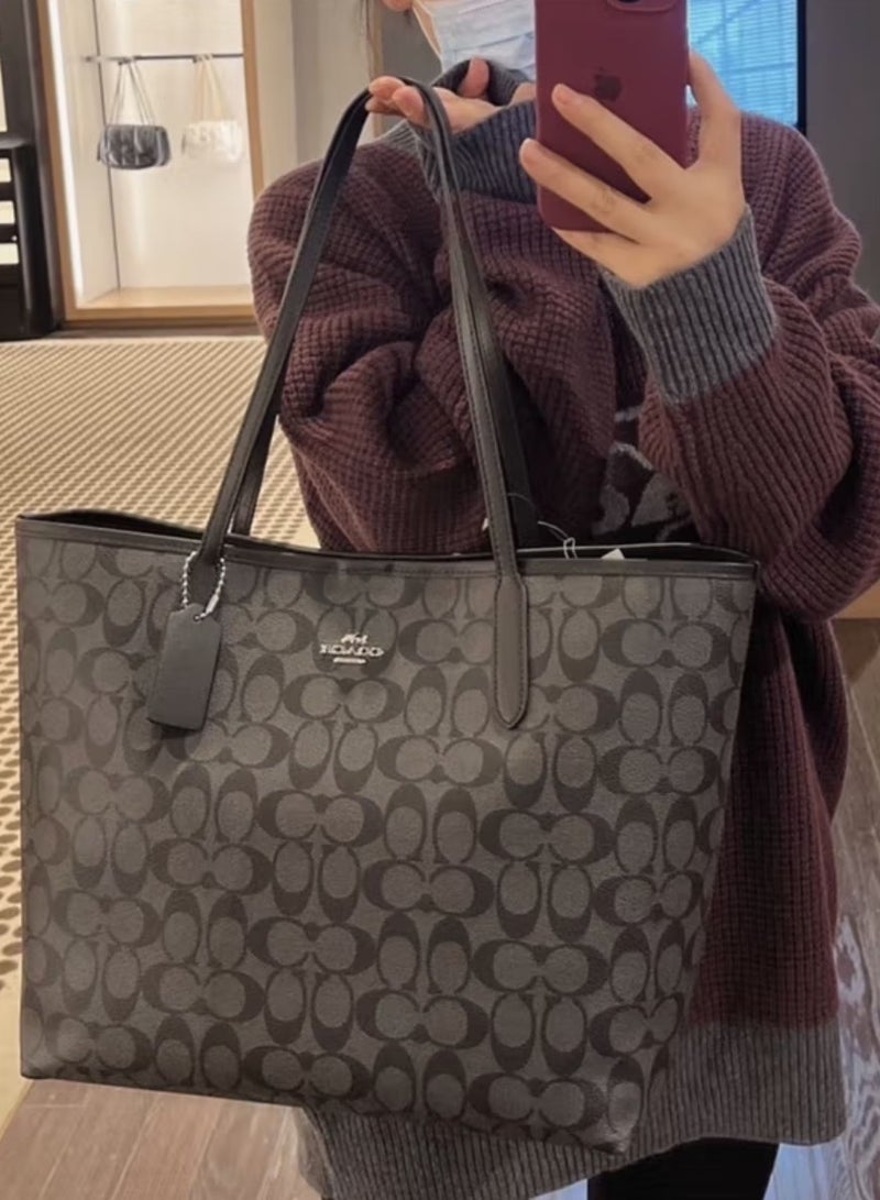 coachoutlet Coach City Tote Bag Iconic Printed Women's Fashion Multifunctional Large Capacity Large Size Grey Black Tote Bag - Image 4