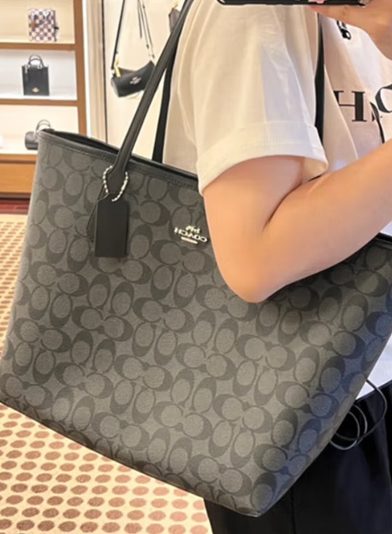 coachoutlet Coach City Tote Bag Iconic Printed Women's Fashion Multifunctional Large Capacity Large Size Grey Black Tote Bag - Image 5