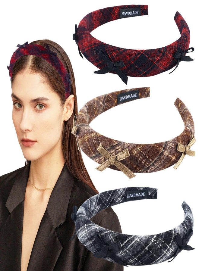 ZLSPTK 3Pcs Padded Headbands for Women Girls Cute Thick Bowknot Plaid Hairbands Adult Set Black Brown Red Skincare Hair Hoop Wide Non Slip Soft Headwear Cloth Bulk Fashion Accessories Makeup Christmas Gift - Image 1