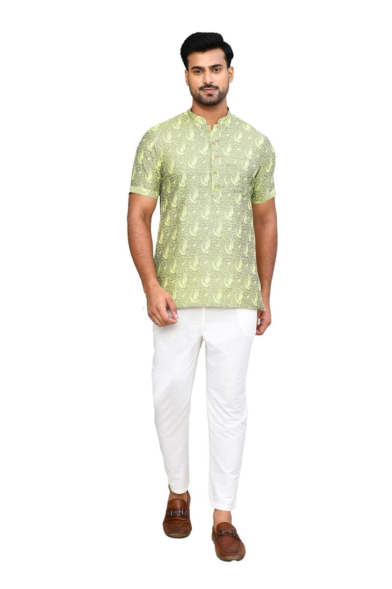 POLY2FAB Hathkargha Men’s Short Sleeve Kurta with All-Over Paisley Print, Mandarin Collar & Button Placket - Image 1