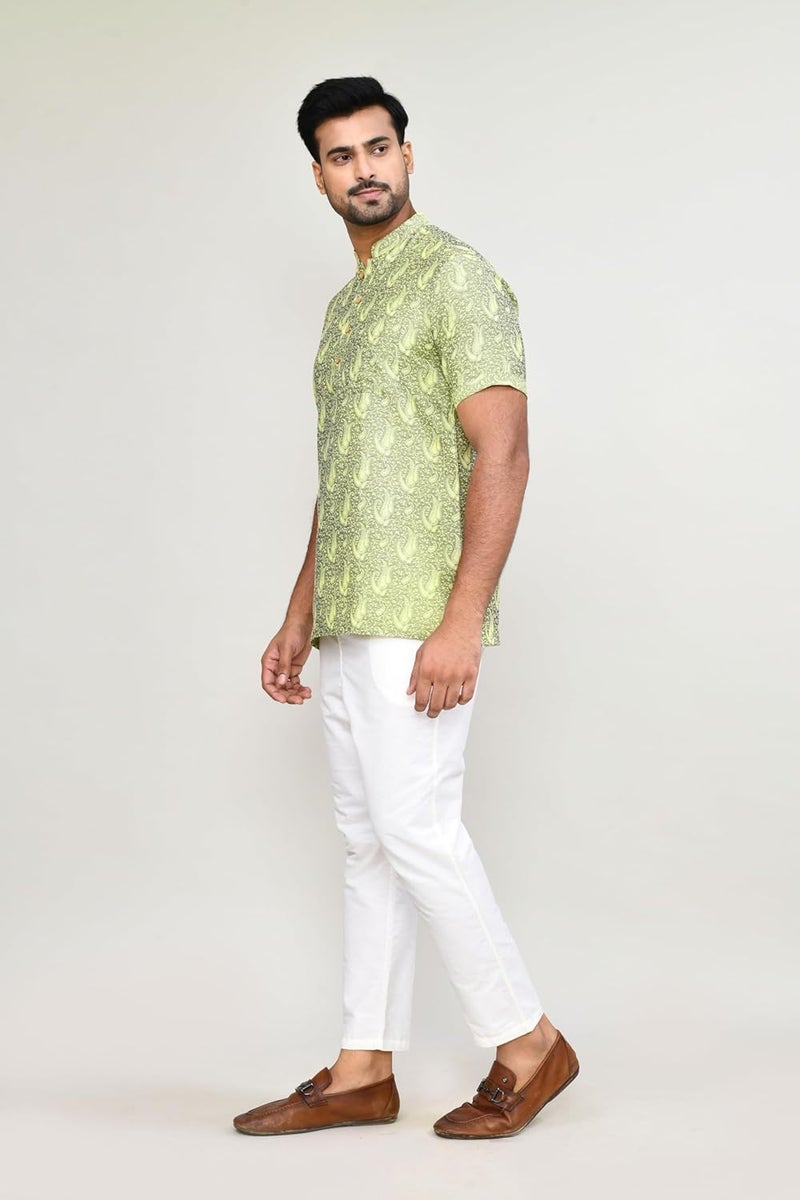 POLY2FAB Hathkargha Men’s Short Sleeve Kurta with All-Over Paisley Print, Mandarin Collar & Button Placket - Image 3