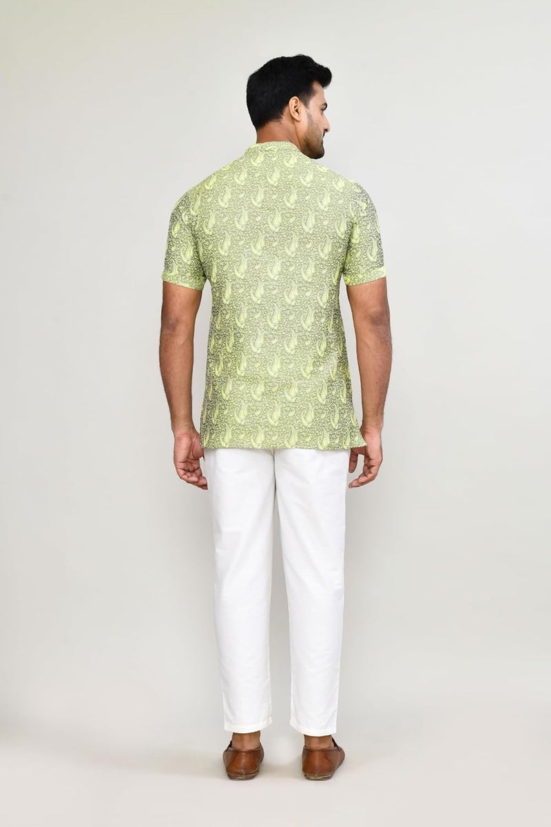 POLY2FAB Hathkargha Men’s Short Sleeve Kurta with All-Over Paisley Print, Mandarin Collar & Button Placket - Image 2