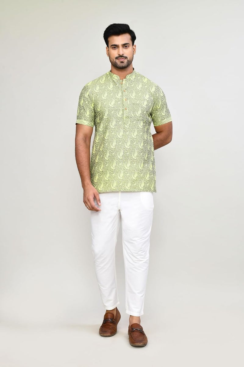 POLY2FAB Hathkargha Men’s Short Sleeve Kurta with All-Over Paisley Print, Mandarin Collar & Button Placket - Image 4