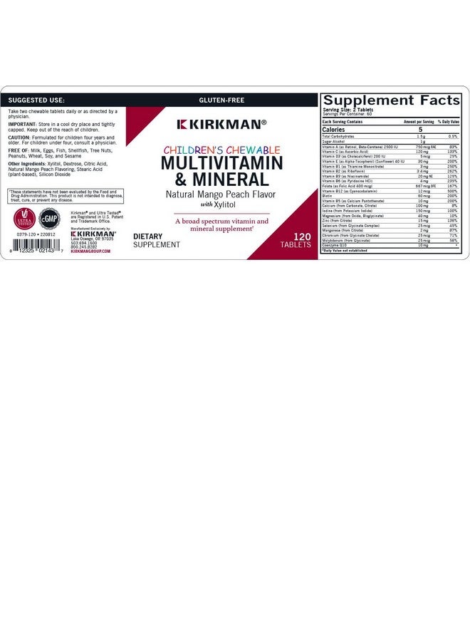 Kirkman - Children's Chewable Multivitamin & Mineral - 120 Tablets - Potent Broad-Spectrum Vitamin/Mineral Supplement - with Xylitol - Natural Mango Peach Flavor - Image 3