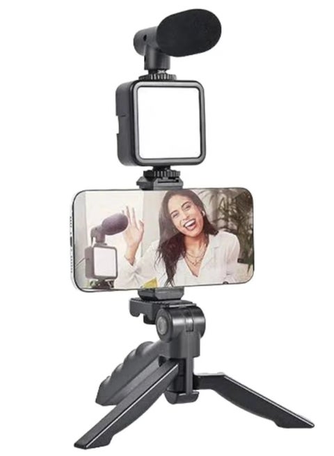 Tripod Stand AY-49 - For Video Shooting - With Microphone - Live Streaming Light - Black