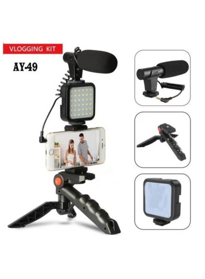Tripod Stand AY-49 - For Video Shooting - With Microphone - Live Streaming Light - Black