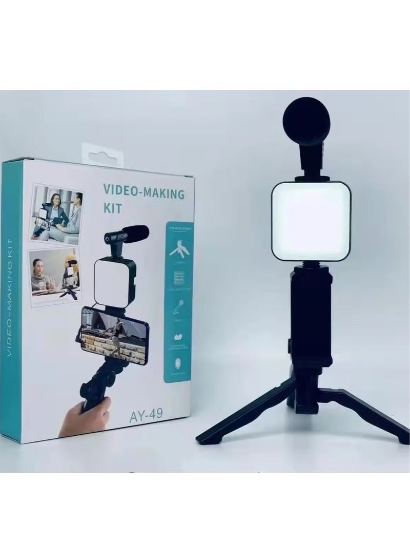 Tripod Stand AY-49 - For Video Shooting - With Microphone - Live Streaming Light - Black