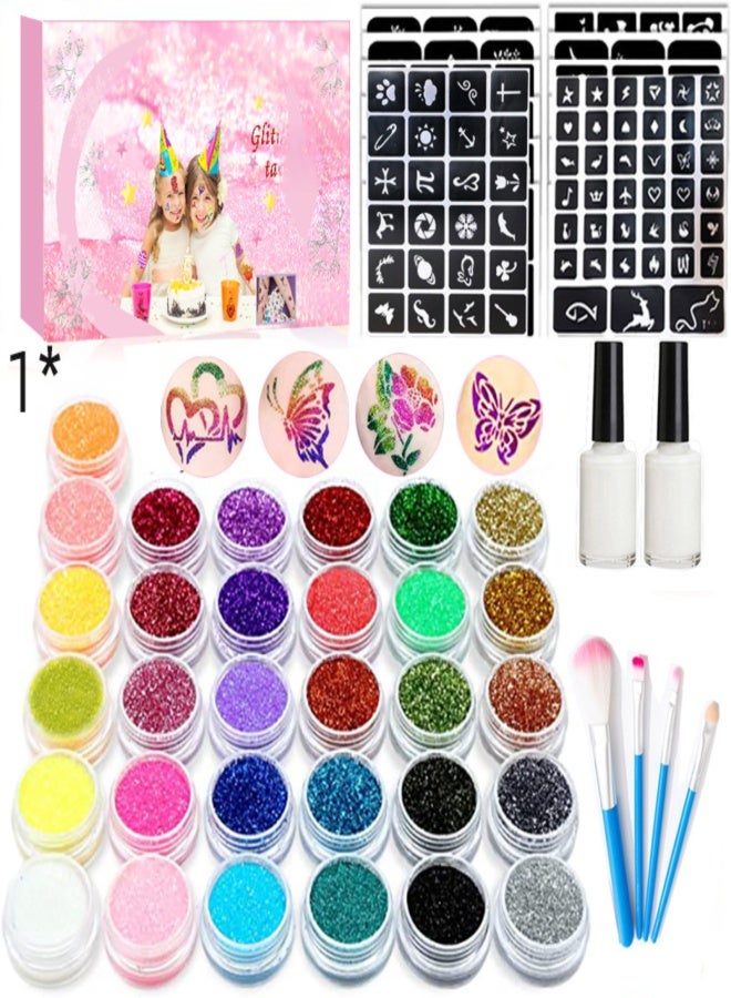 مجموعة وشم لامعة مرصعة بالألماس مكونة من 31 لونًا، مكياج مسرحي لامع ملون (يشمل فرشاة، غراء، ملصق) - Image 1