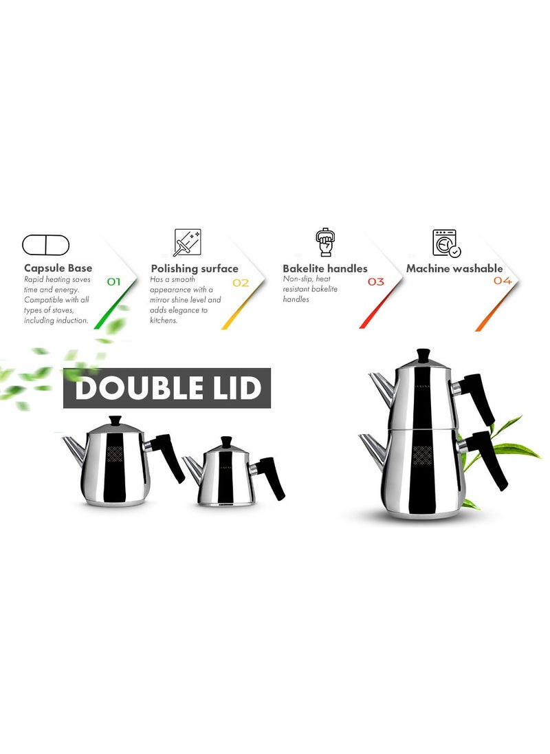 Serenk - Stainless Steel Turkish Teapot Set, 1L Teapot & 2L Lower Pot, Double-Stacked Design, Induction Compatible, Mirror Polished Finish, Serenk Definition Series - Image 1