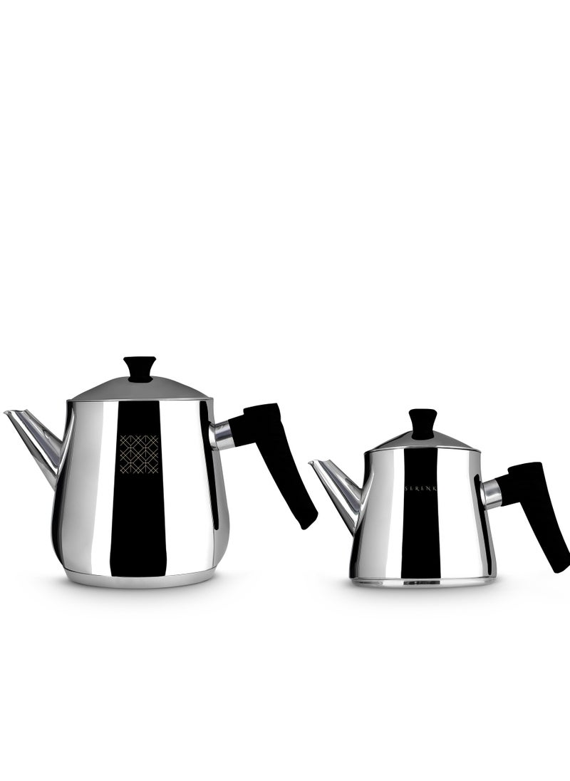 Serenk - Stainless Steel Turkish Teapot Set, 1L Teapot & 2L Lower Pot, Double-Stacked Design, Induction Compatible, Mirror Polished Finish, Serenk Definition Series - Image 1
